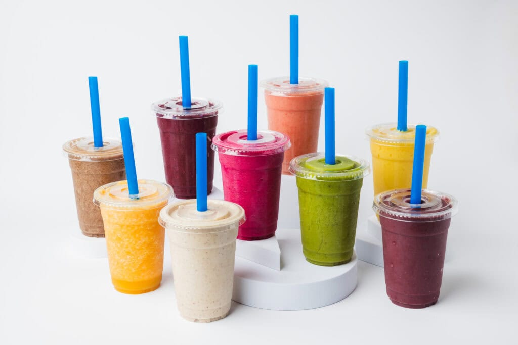 9 smoothies of various colors