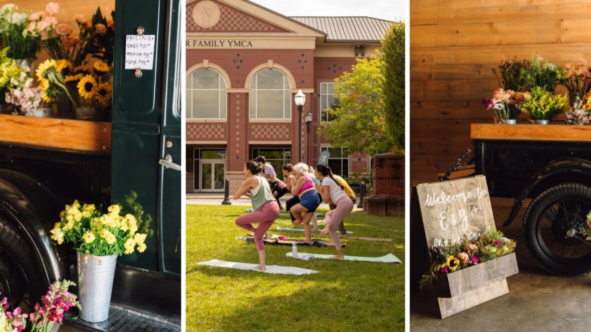 Flowers from a flower truck and a group of people doing yoga.